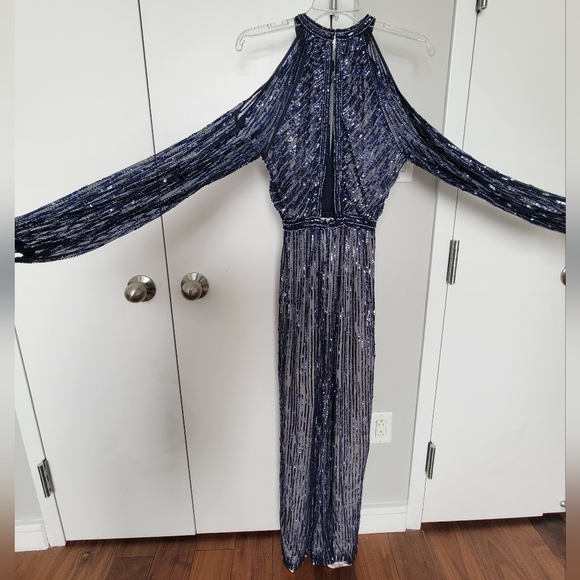 Parker Black Sequined / Embellished Cold- Shoulder Evening Dress, Blue, Size 0 - Picture 7 of 12